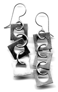 CIRCLE IN SQUARE $130-sterling silver earrings with sanding disk texture on squares (2" long not including ear wire)
